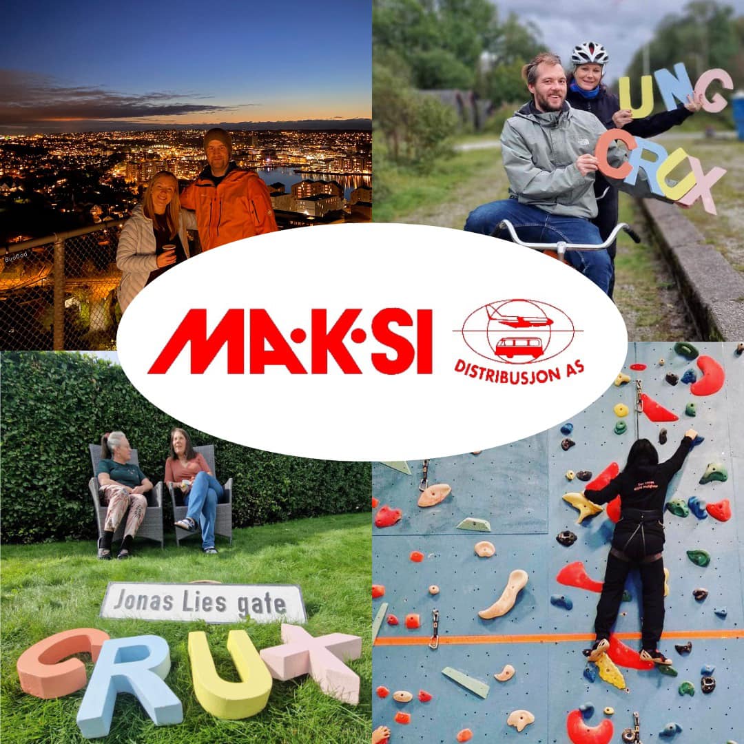 logo til Maksidistirbusjon oppå en collage med bilder av mennesker som klarter i en klatrevegg, sitter og prater i to stoler i en hage