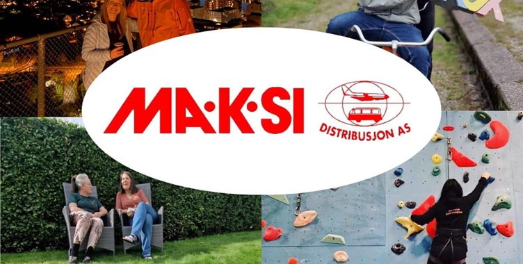 logo til Maksidistirbusjon oppå en collage med bilder av mennesker som klarter i en klatrevegg, sitter og prater i to stoler i en hage